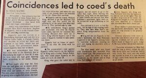 News article, “Coincidences led to coed’s death”