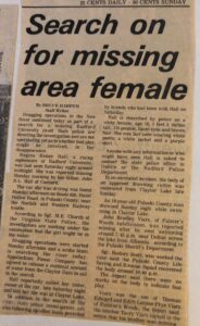 A newspaper cutout of an article, “Search on for missing area female”