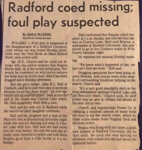 A newspaper cutout of an article, “Radford coed missing; foul play suspected”