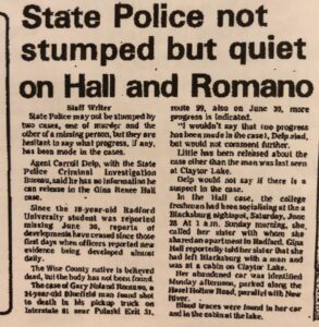 A newspaper cutout of an article, “State Police not stumped but quiet on Hall and Romano”